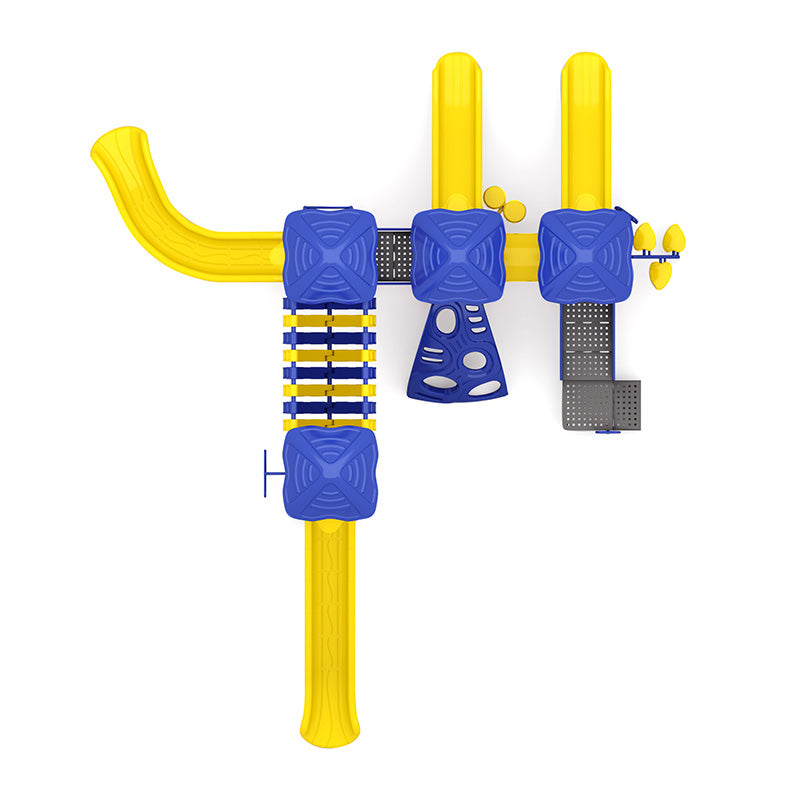 Overhead view of a yellow and blue playground structure with slides, climbers, platforms, and an ADA transfer station for inclusive play.