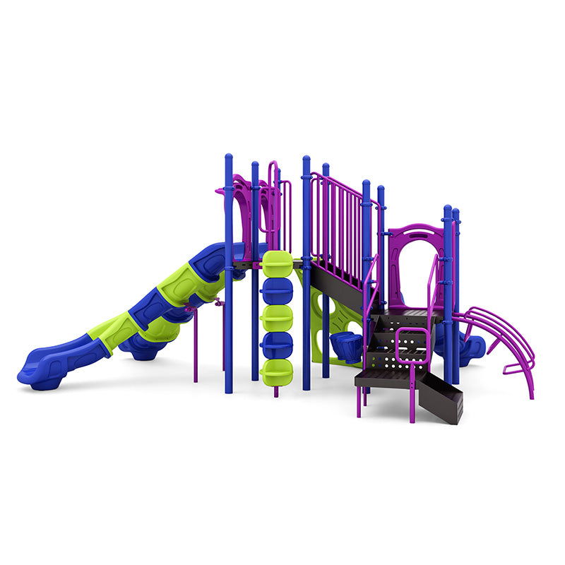 Colorful playground structure with slides, climbers, stairs, bongo drum, rain wheel, and ADA transfer station in blue, purple, and green.