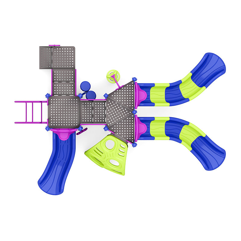 Overhead view of colorful playground structure with multiple slides, climbers, interactive panels, and inclusive play features in blue, green, and purple