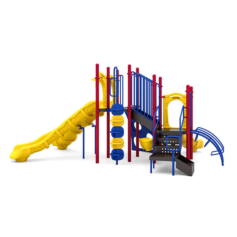 Colorful playground structure with yellow slides, blue climbing elements, red posts, bongo drum, rain wheel, and ADA transfer station.