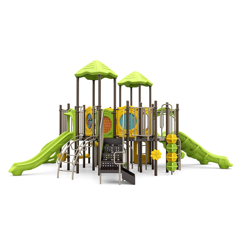 Colorful playground structure with green slides, climbing arches, activity panels, and shaded platforms