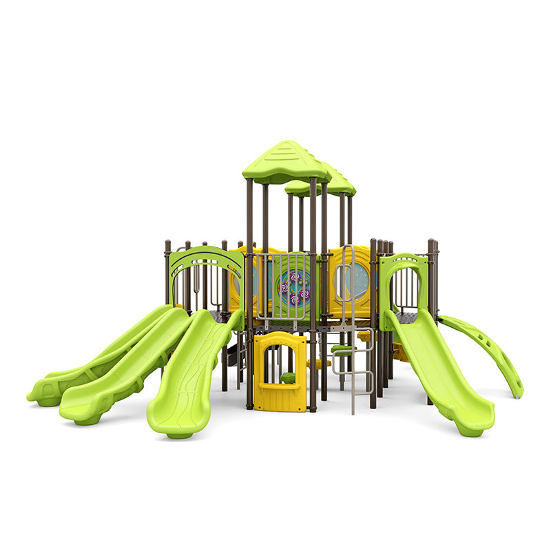 Colorful playground structure with multiple green slides, climbing elements, interactive panels, and sensory play features.