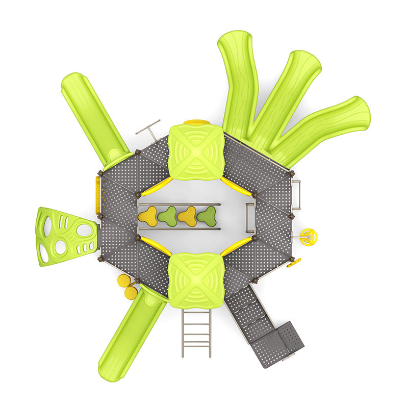 Overhead view of a green and gray playground structure featuring multiple slides, climbers, and interactive play panels