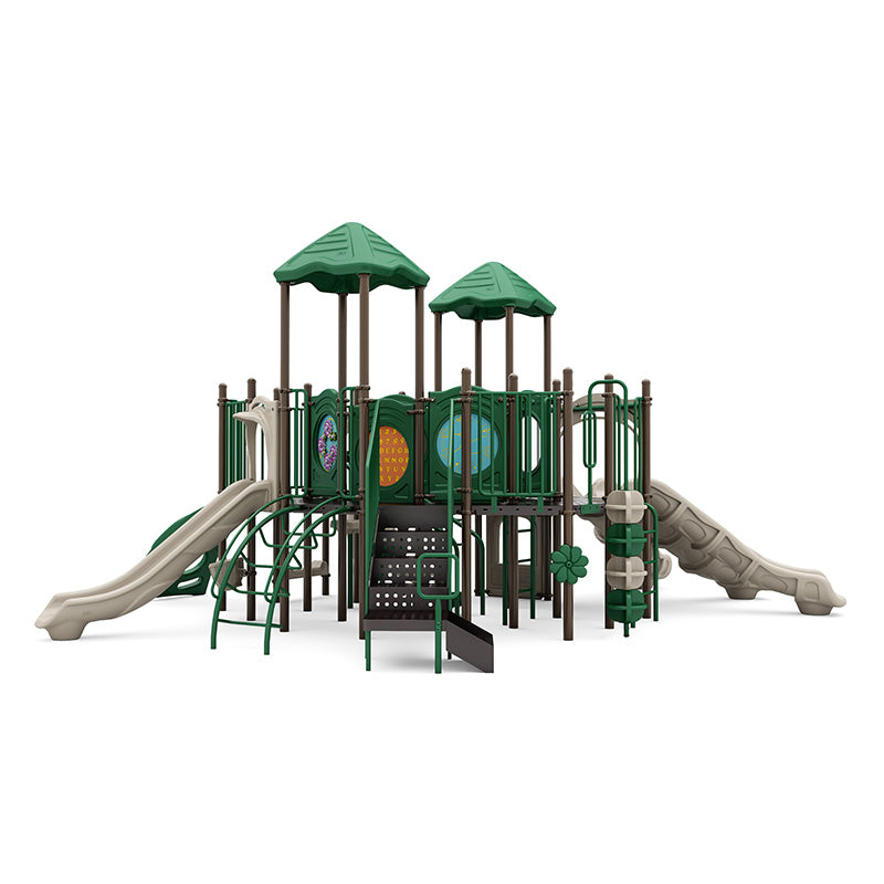 Quad Rush Playground with green roofs, beige slides, climbing structures, interactive panels, and natural-toned play features