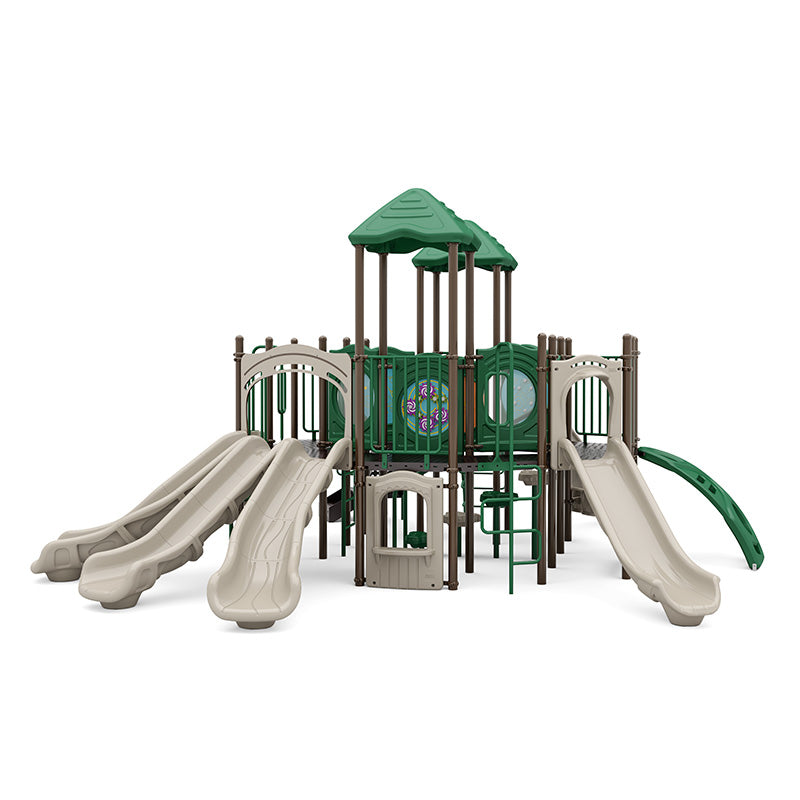 Multi-slide playground with green roofs, climbing elements, interactive panels, and a triple sectional split slide for active play