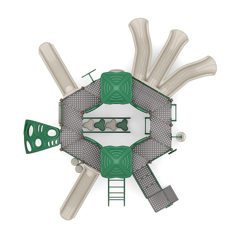 Overhead view of a large green and beige playground with multiple slides, climbing structures, platforms, and interactive play panels
