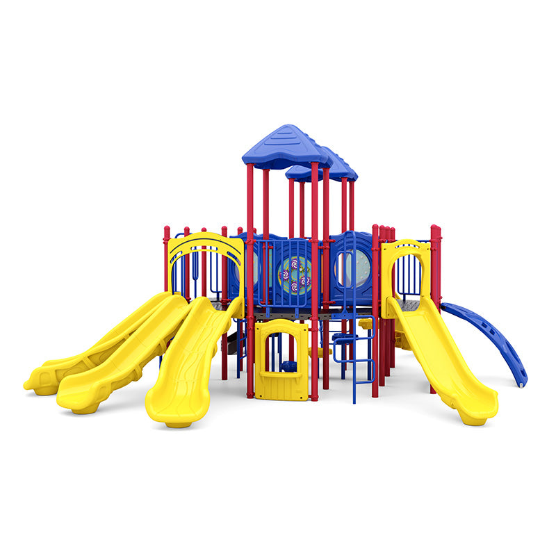 Colorful playground structure with multiple yellow slides, blue and red climbing features, interactive panels, and a bubble window insert.
