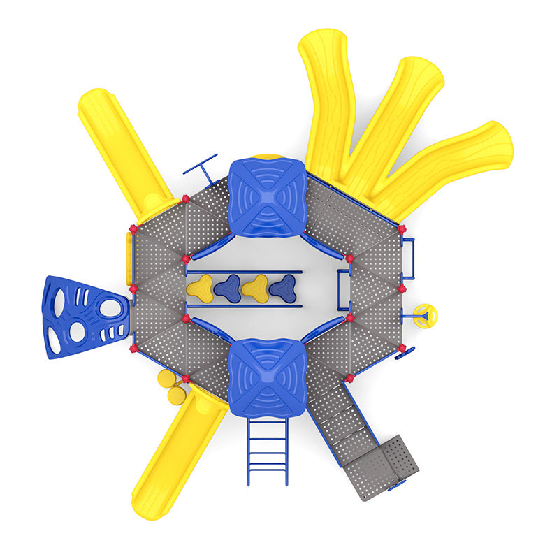 Overhead view of colorful playground with yellow slides, blue climbers, interactive panels, and multiple play features