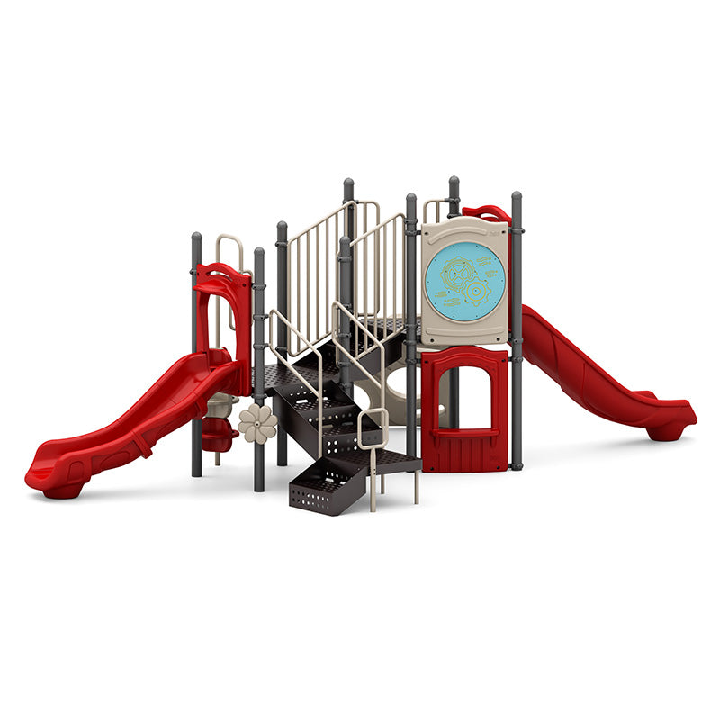 Compact outdoor playground with two red slides, beige climbing stairs, interactive gear panel, and flower-shaped spinner.