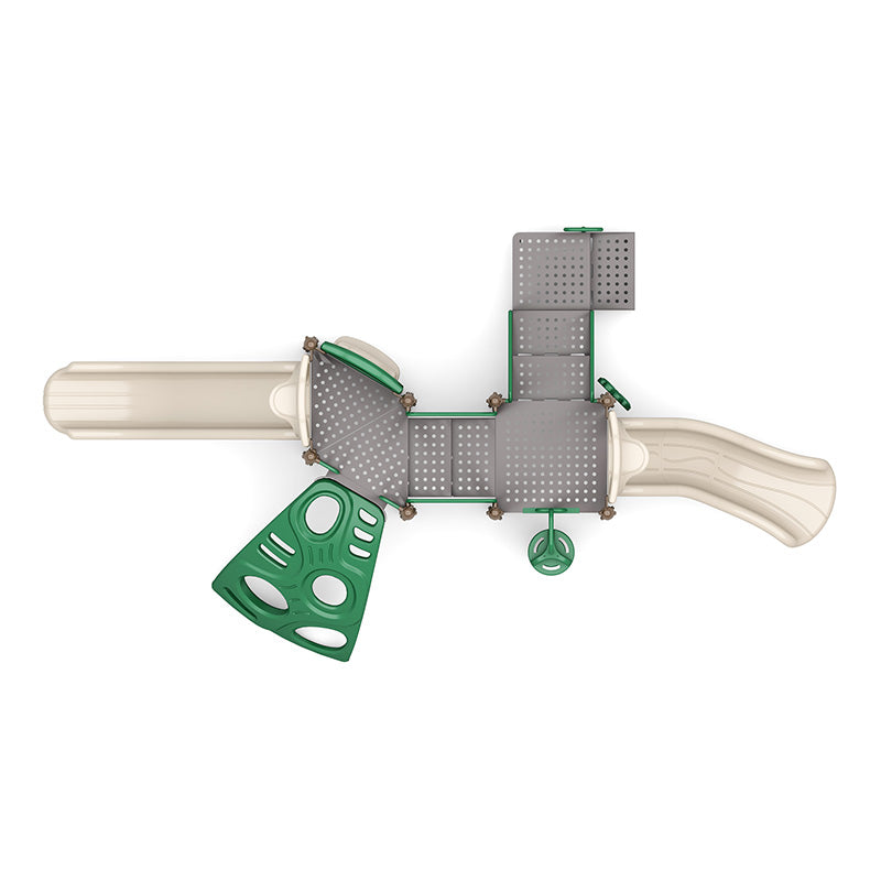 Overhead view of a green and beige modular playground with slides, climbing panels, and interactive play features