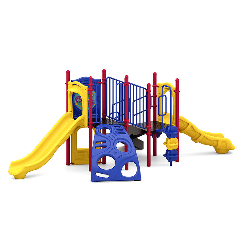 Colorful outdoor playground with two yellow slides, blue climbing panel, red posts, and interactive play features including gears and a rain wheel.
