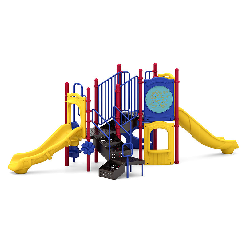 Colorful outdoor playground with slides, climbing stairs, interactive gear panel, and flower-shaped play element.