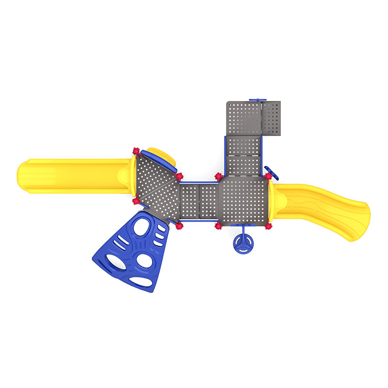 Overhead view of colorful playground with yellow slides, blue climbing panel, perforated platforms, and interactive play features