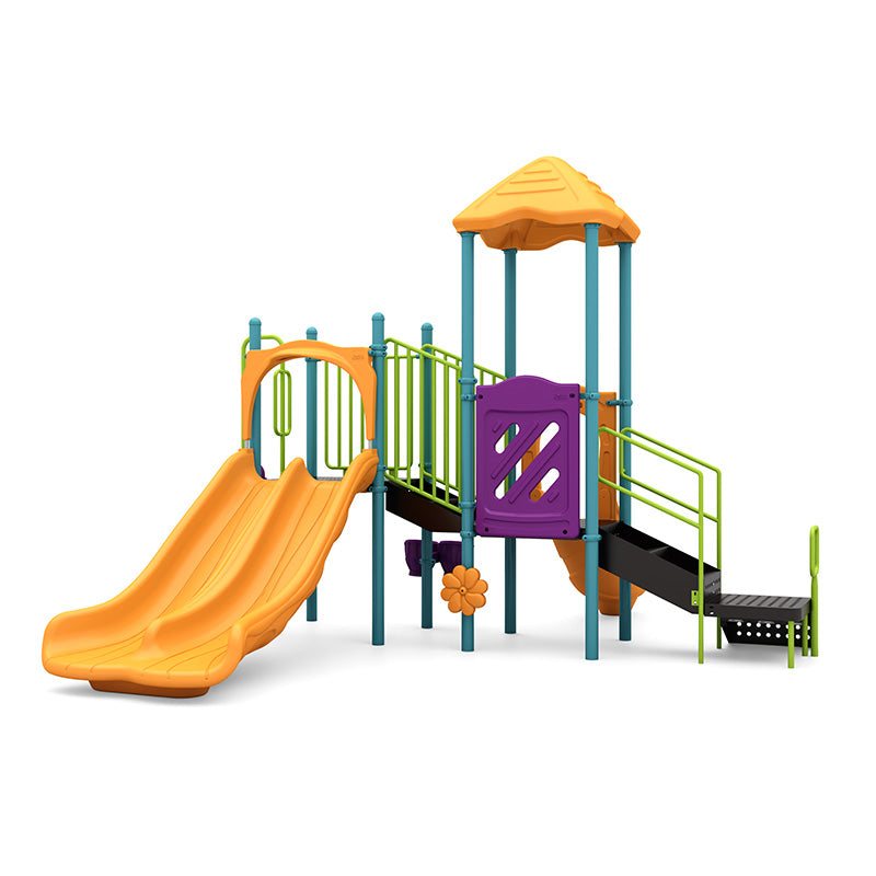 Colorful playground with double and single slides, pod climber, interactive panels, and ADA transfer station for inclusive play