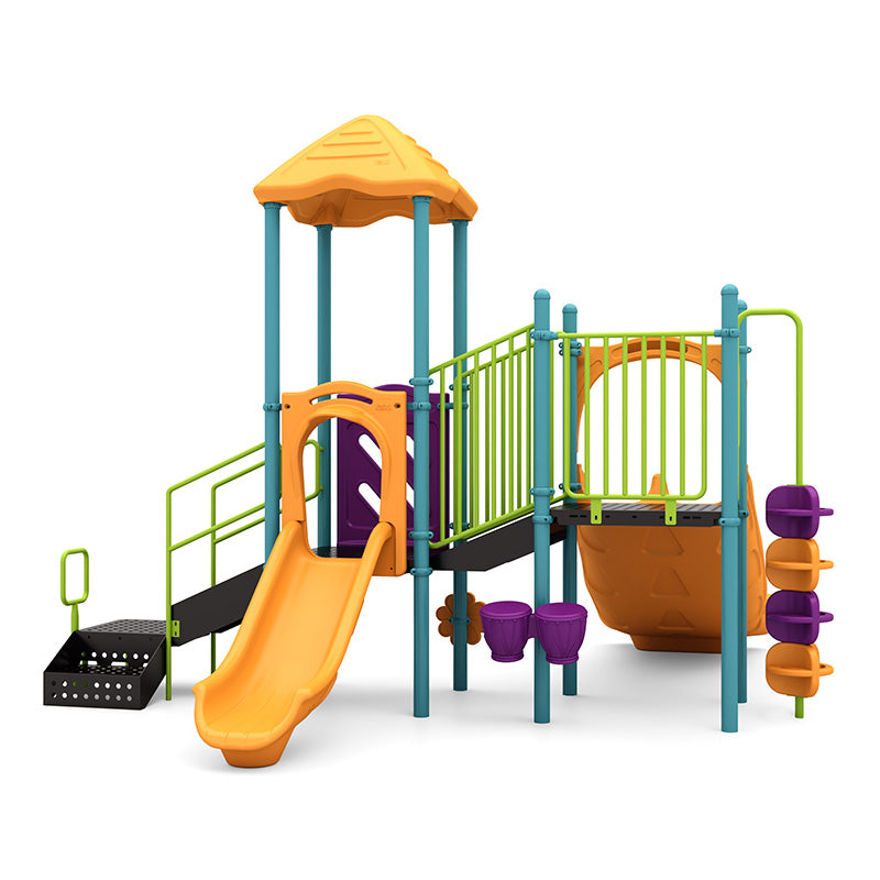 Colorful inclusive playground with orange double and single slides, green railings, purple drums, pod climber, and interactive rain wheel.