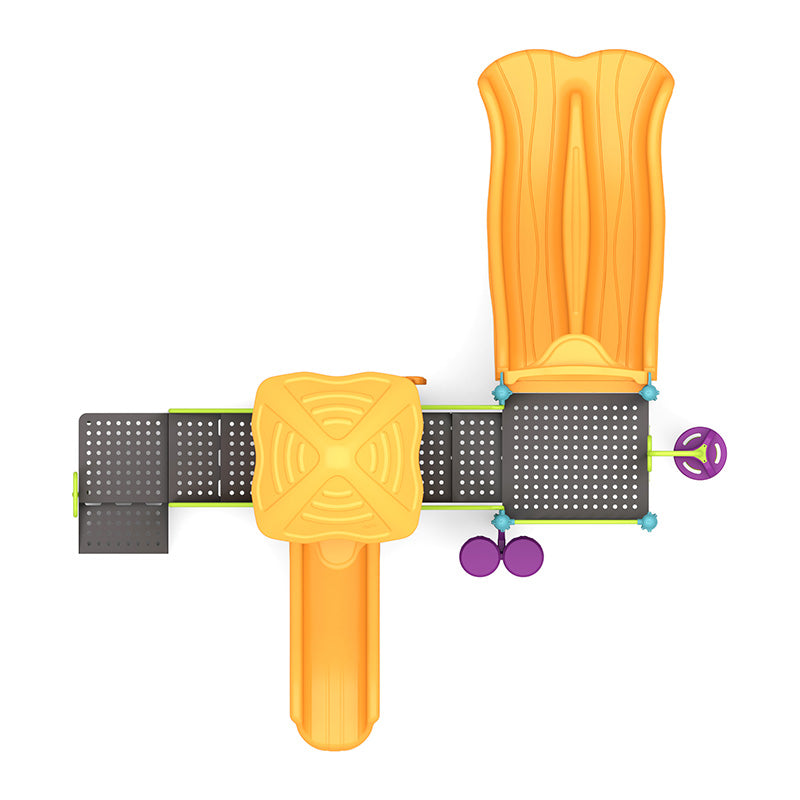 Overhead view of colorful playground with double and single slides, pod climber, rain wheel, and bongo drums