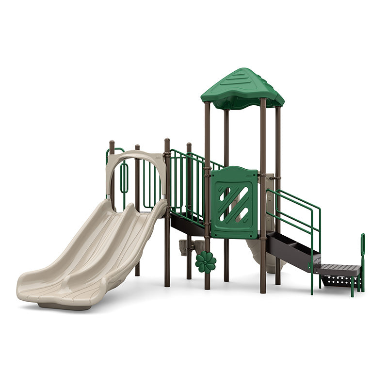 Double Rush Playground with green roof, beige double slide, pod climber, ADA transfer station, and natural play system colors