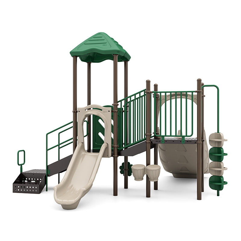 Compact playground structure with double and single slides, pod climber, rain wheel, and bongo drums in green and beige colors.