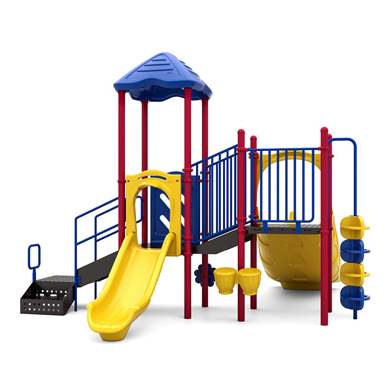 Colorful playground with yellow double and single slides, blue railings, red posts, climbing pod, interactive drums, and rain wheel.