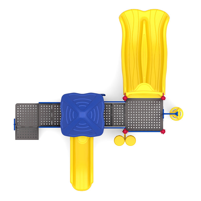 Overhead view of colorful playground with double and single yellow slides, blue roof, pod climber, and interactive play panels