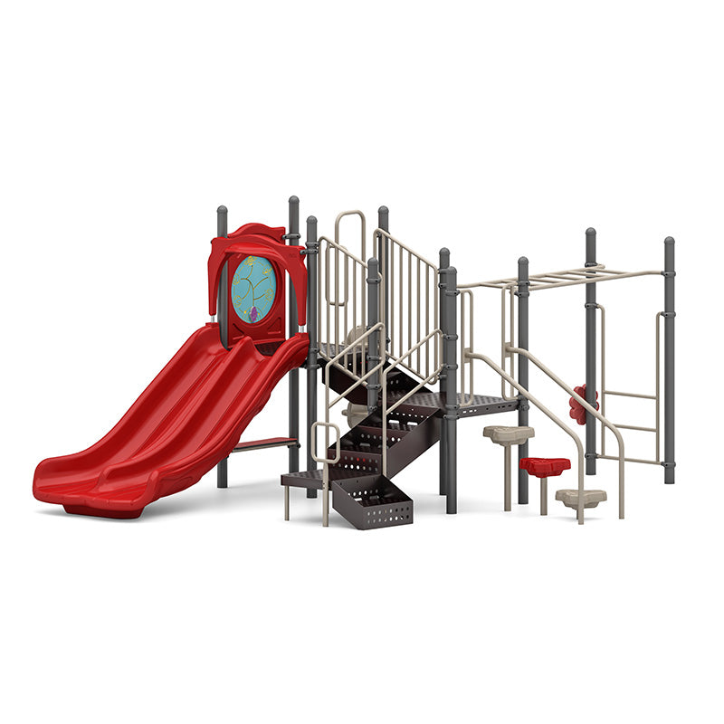 Vibrant playground with double red slide, climbing ladder, monkey bars, and interactive rain wheel on sturdy posts