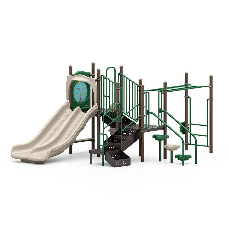 Lil Bugger Playground with double slide, challenge ladder, monkey bars, rain wheel, and ADA transfer station in natural tones for inclusive outdoor play