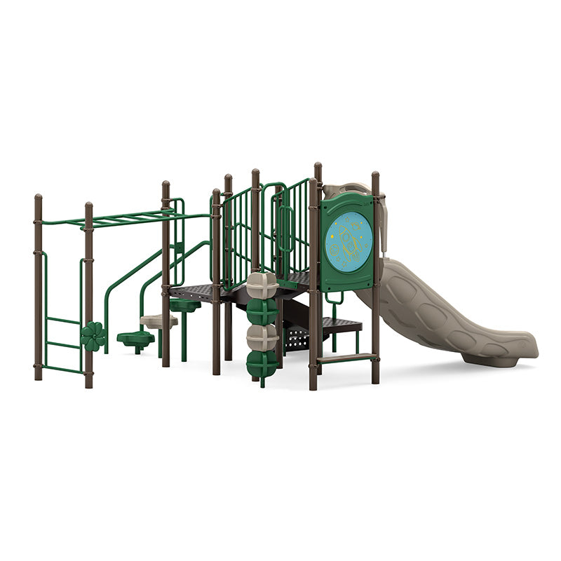 Outdoor playground structure with green and tan climbing elements, double slide, monkey bars, and interactive panels