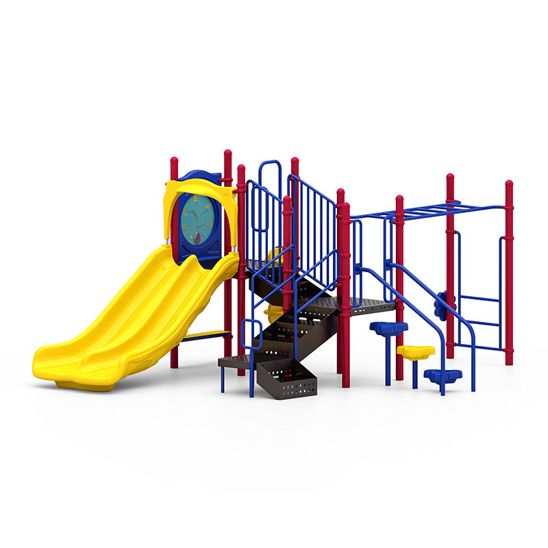 Colorful playground structure with double yellow slide, climbing stairs, monkey bars, and interactive play panels.