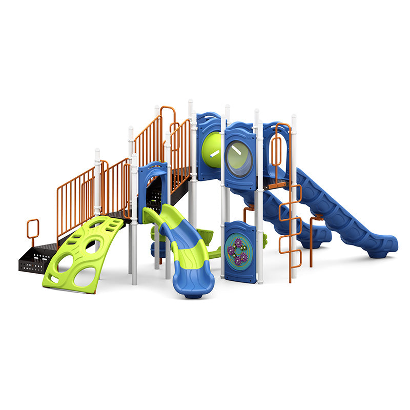 Colorful outdoor playground with slides, climbers, tunnels, interactive panels, and ADA transfer station for inclusive play
