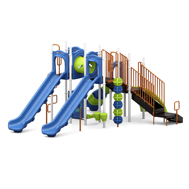 Outdoor playground with dual blue slides, green climbing pods, orange railings, and interactive play panels.