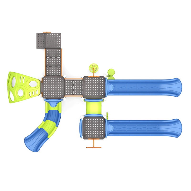Overhead view of a colorful playground system with slides, tunnels, climbers, interactive panels, and ADA transfer station in blue, green, and gray.