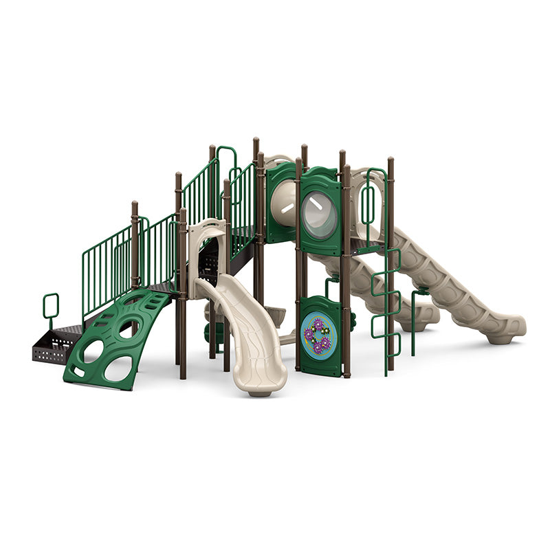 Ridge Racer Playground with green and tan dual slides, tunnel with bubble window, climbers, gear panel, and ADA transfer station