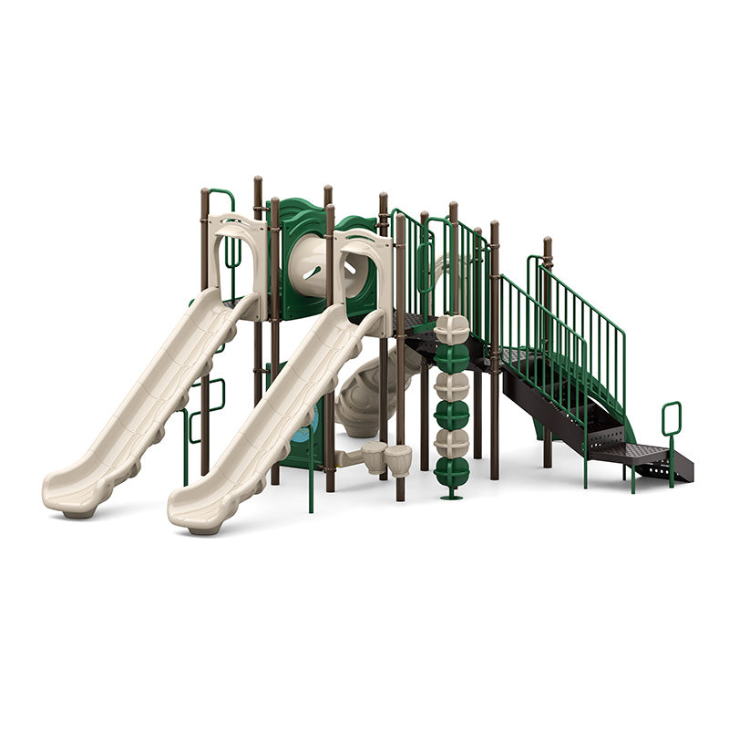 Outdoor playground structure with dual beige slides, green climbers, tunnel, stairs, and interactive play panels