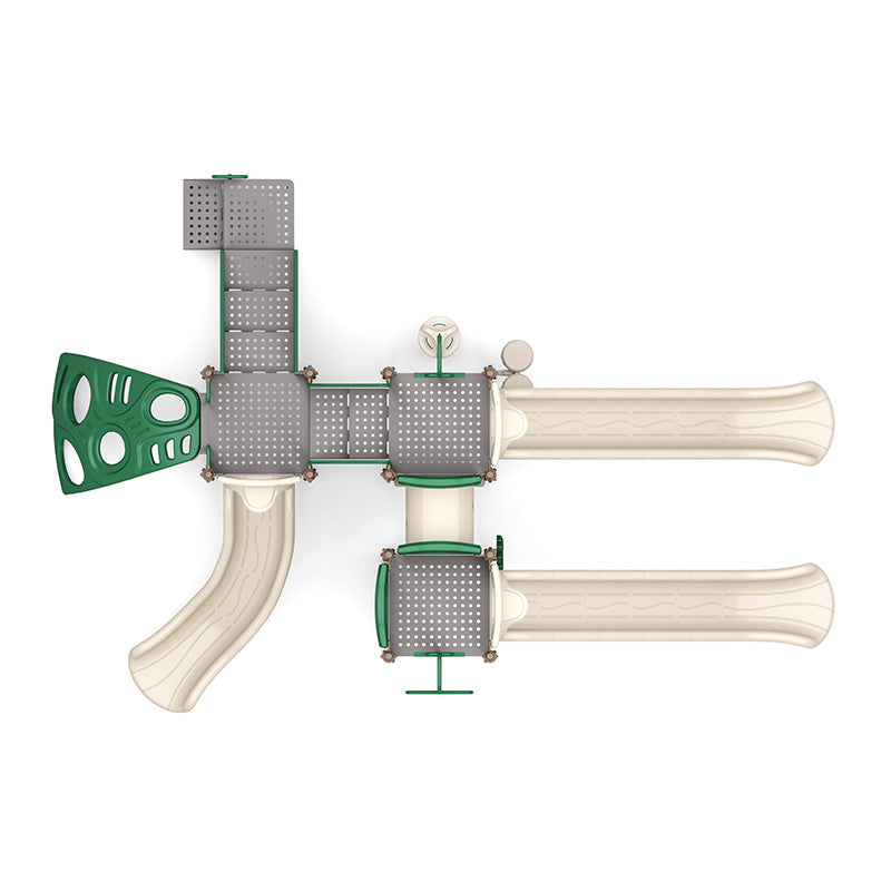 Overhead view of a large outdoor playground with multiple slides, climbers, interactive panels, and ADA transfer station in green and beige.