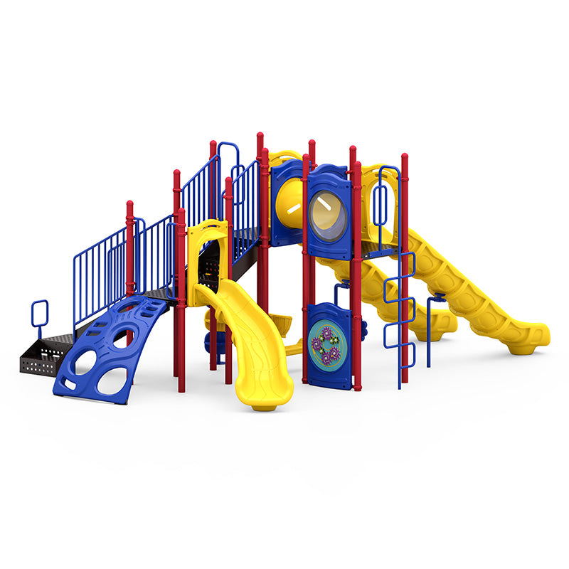 Colorful outdoor playground with slides, tunnels, climbing panels, interactive gears, and a bubble window feature.