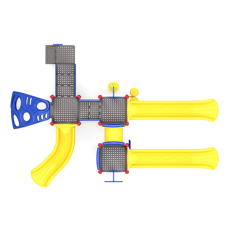 Overhead view of a vibrant yellow and blue outdoor playground with multiple slides, climbing platforms, tunnels, and interactive panels