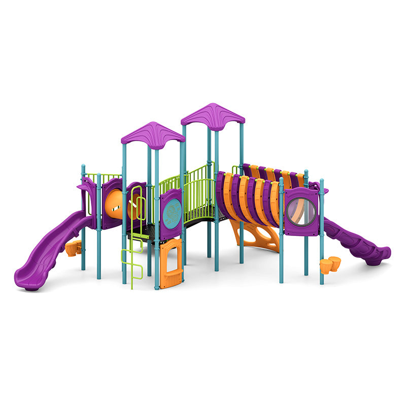 Colorful playground structure with slides, tunnels, climbing features, interactive panels, bubble window, and arch and snake climbers.