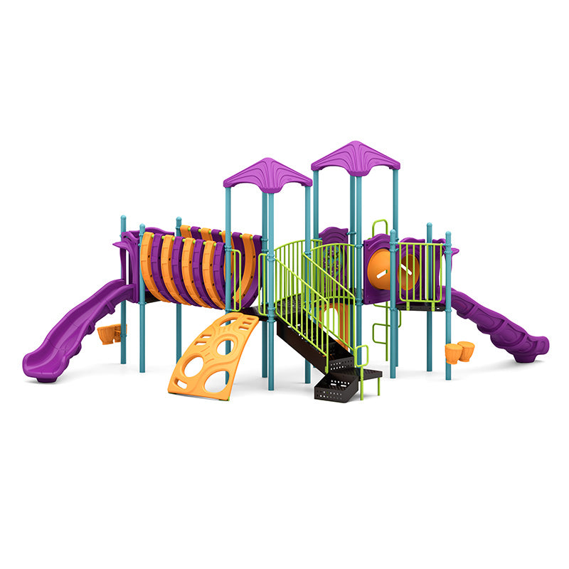 Colorful playground with purple slides, orange climbing wall, tunnels, interactive panels, and green railings.