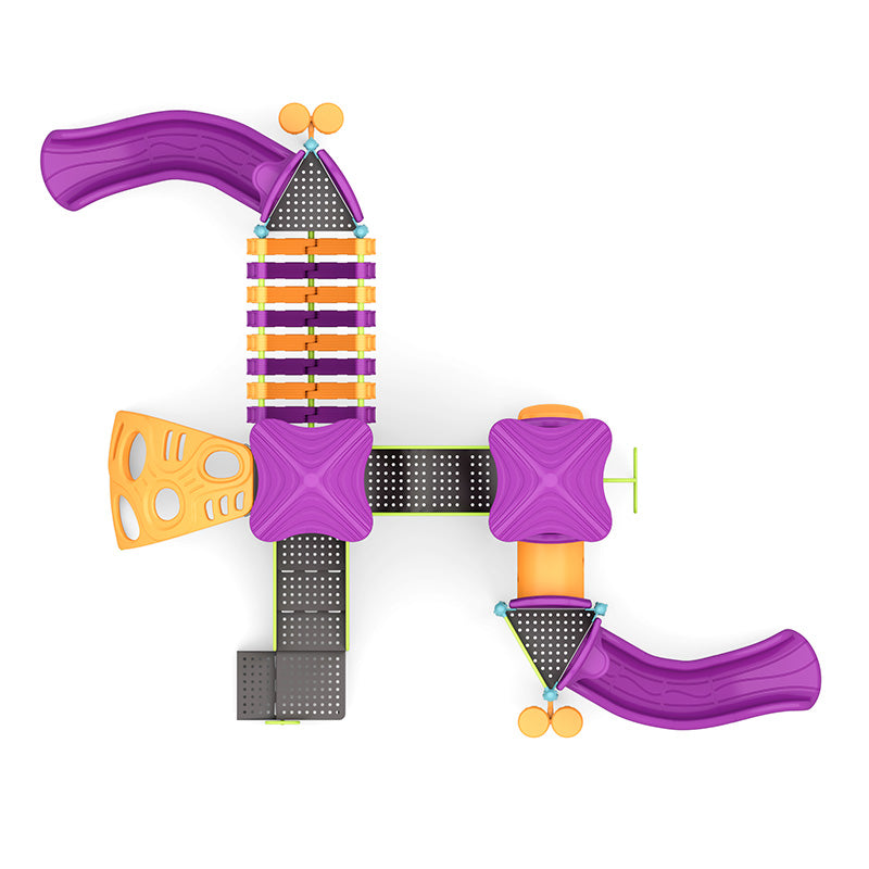 Overhead view of colorful playground with two purple slides, climbing structures, connecting platforms, and interactive play features