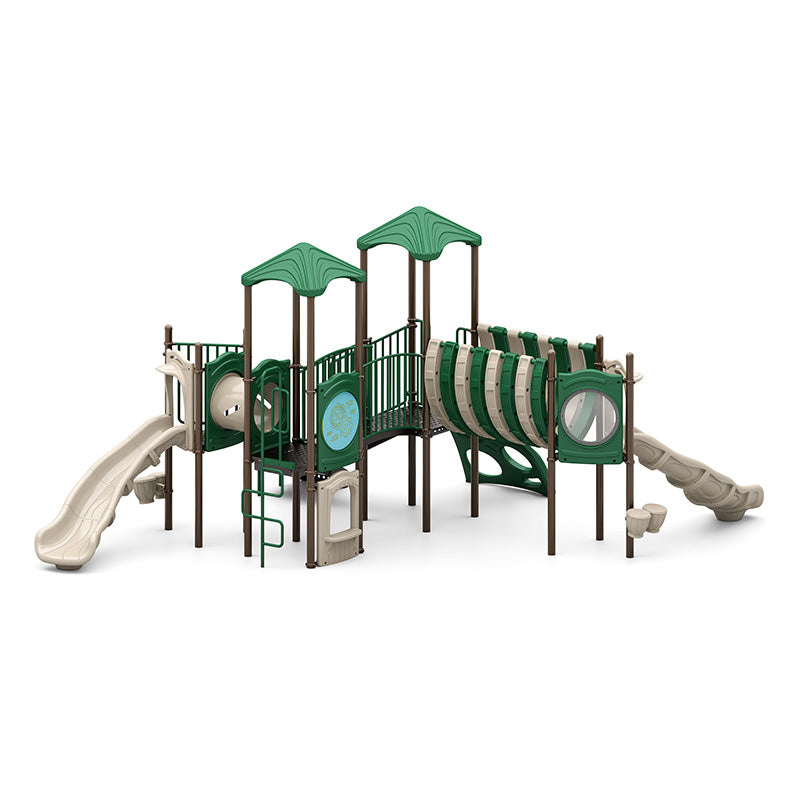 Twisted Vines Playground with green and tan slides, arch climber, tunnel, curved bridge, bubble window, and bongo drums on commercial play system