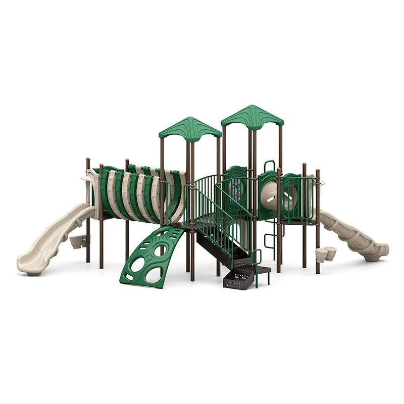 Outdoor playground with green roofs, beige slides, climbing walls, tunnels, and interactive play panels