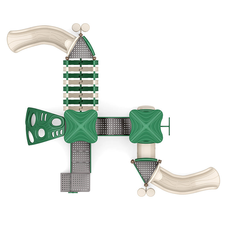 Overhead view of green and beige playground with slides, climbing panels, tunnels, interactive play features, and role-play elements