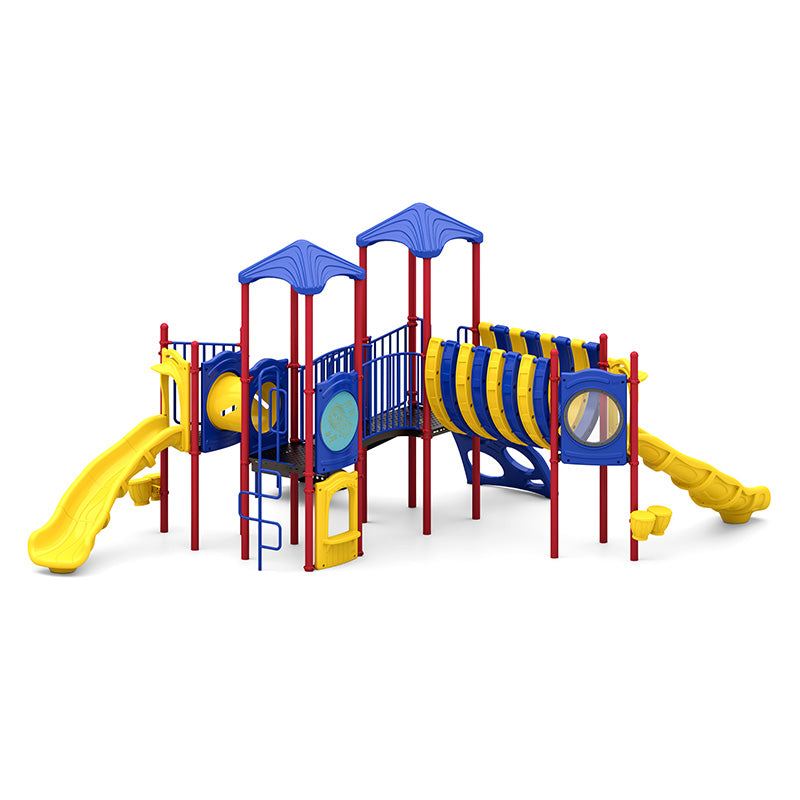 Colorful playground structure with blue roofs, yellow slides, climbing elements, tunnels, and interactive play panels