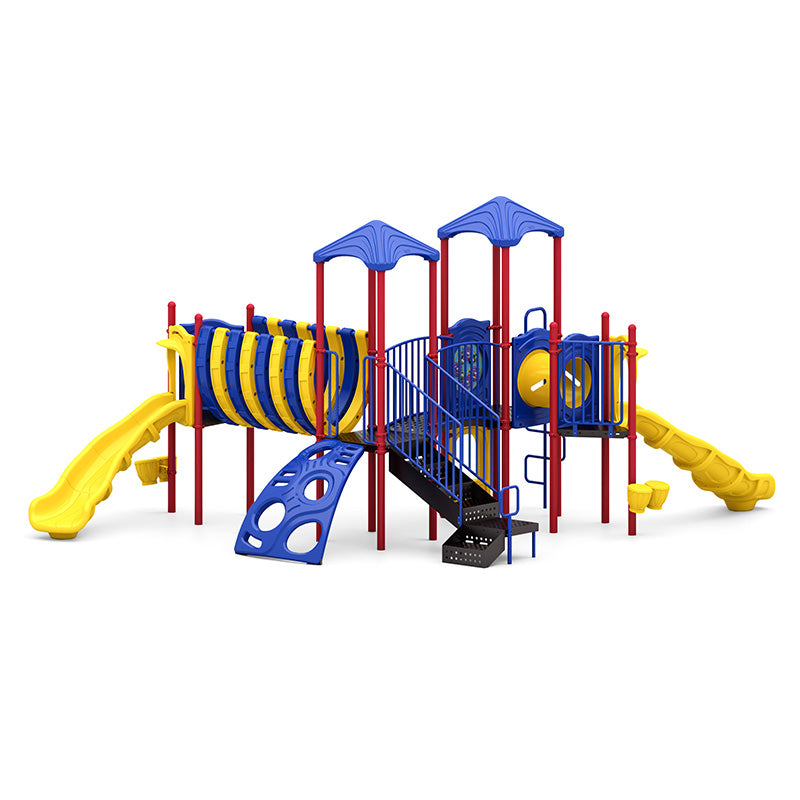 Colorful playground with blue roofs, yellow slides, tunnel, climbing walls, interactive panels, and accessible features.