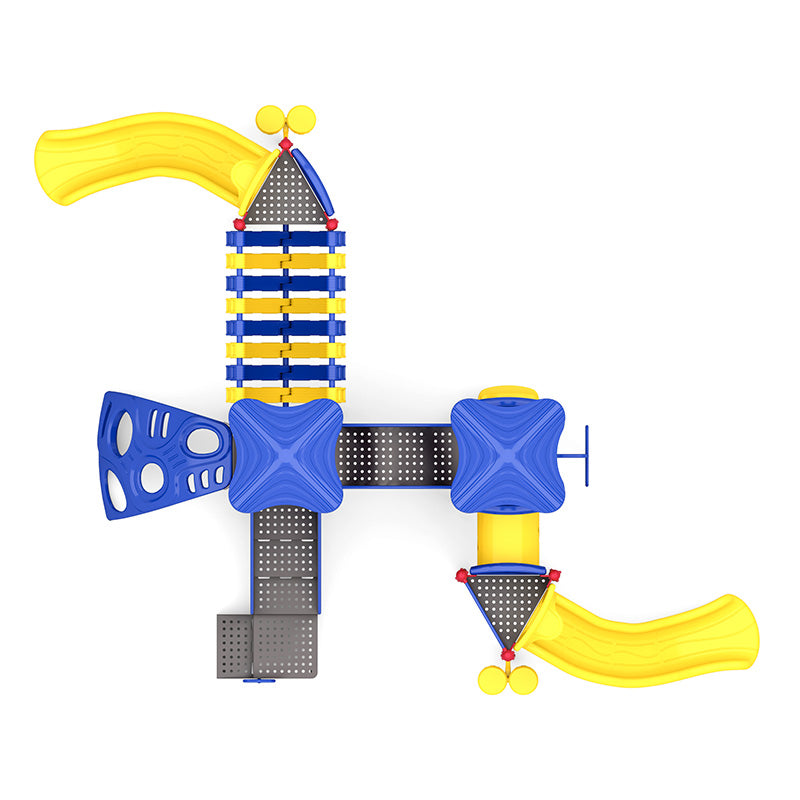 Overhead view of colorful playground with blue and yellow slides, climbing structures, and connecting platforms