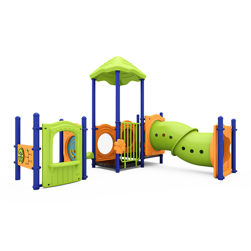 Colorful toddler playground with green tunnel slide, blue posts, interactive panels with beads and numbers, and small roofed climbing area