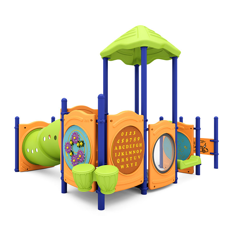 Colorful toddler playground with interactive panels, bubble window, crawl tunnel, and shaded roof for early childhood play