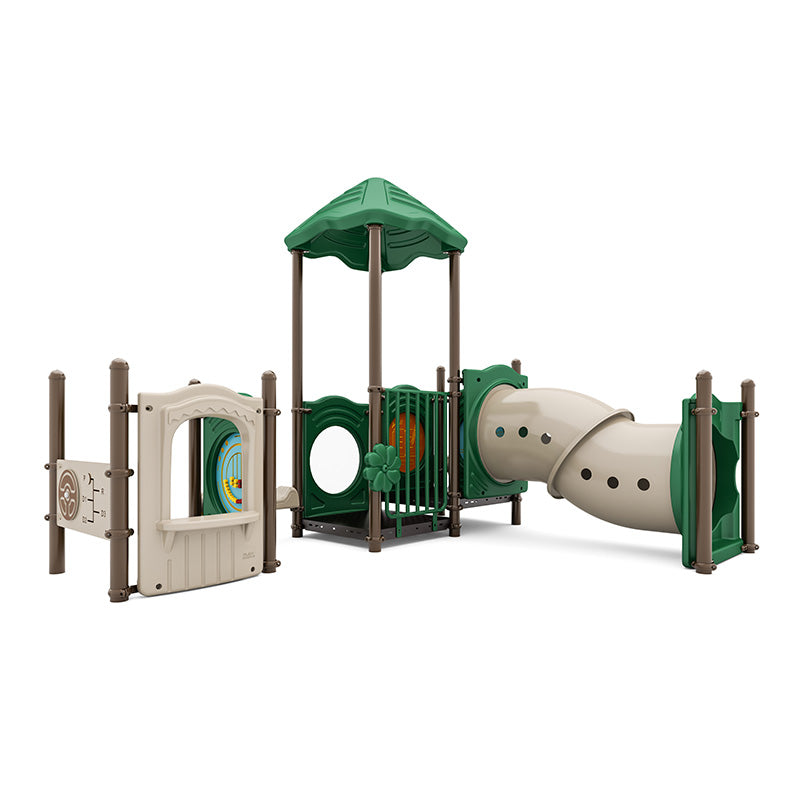 Ranger's Crawl Playground toddler play system with green roof, crawl tunnel, bubble window, steering wheel, and interactive activity panels