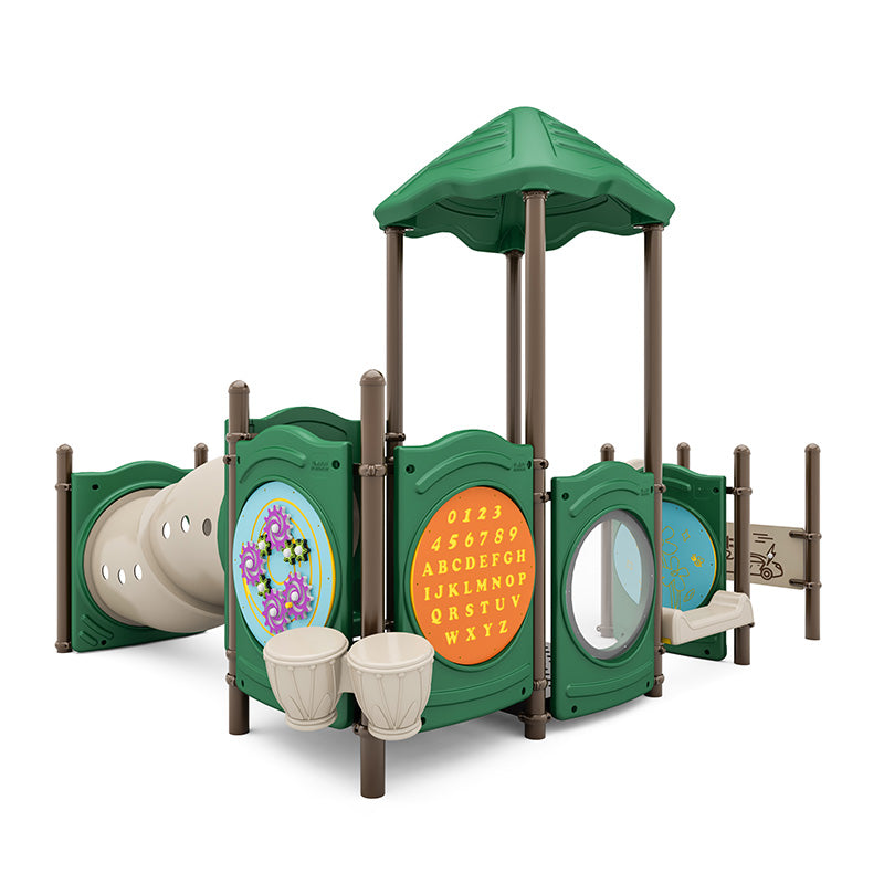Compact green and beige toddler playground with interactive panels, crawl tunnel, bubble window, and roof canopy