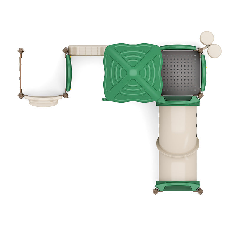 Overhead view of a compact toddler playground with green roof, beige crawl tunnel, and interactive panels featuring beads, numbers, and alphabets.